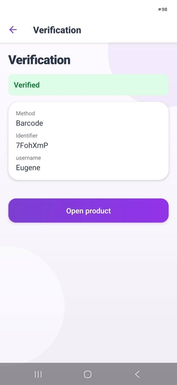 Product verification result in the Hashentic mobile app