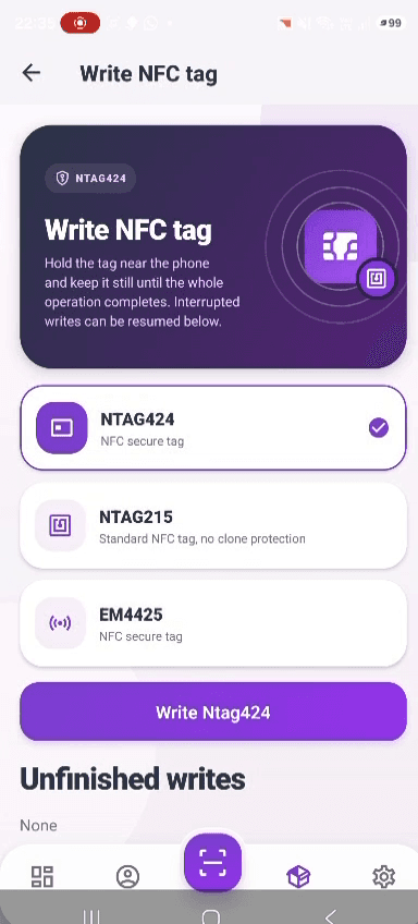 Hashentic screen for writing an NFC tag
