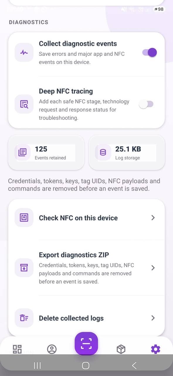 NFC diagnostics and export controls