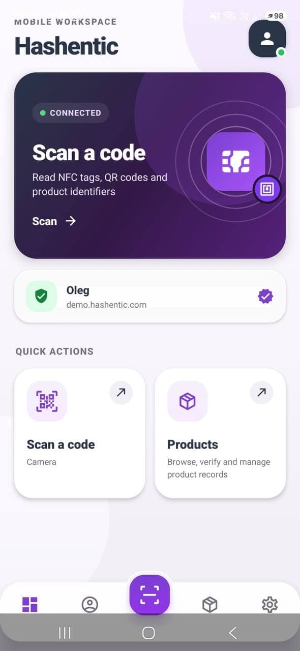 Hashentic mobile workspace with scanning and product shortcuts