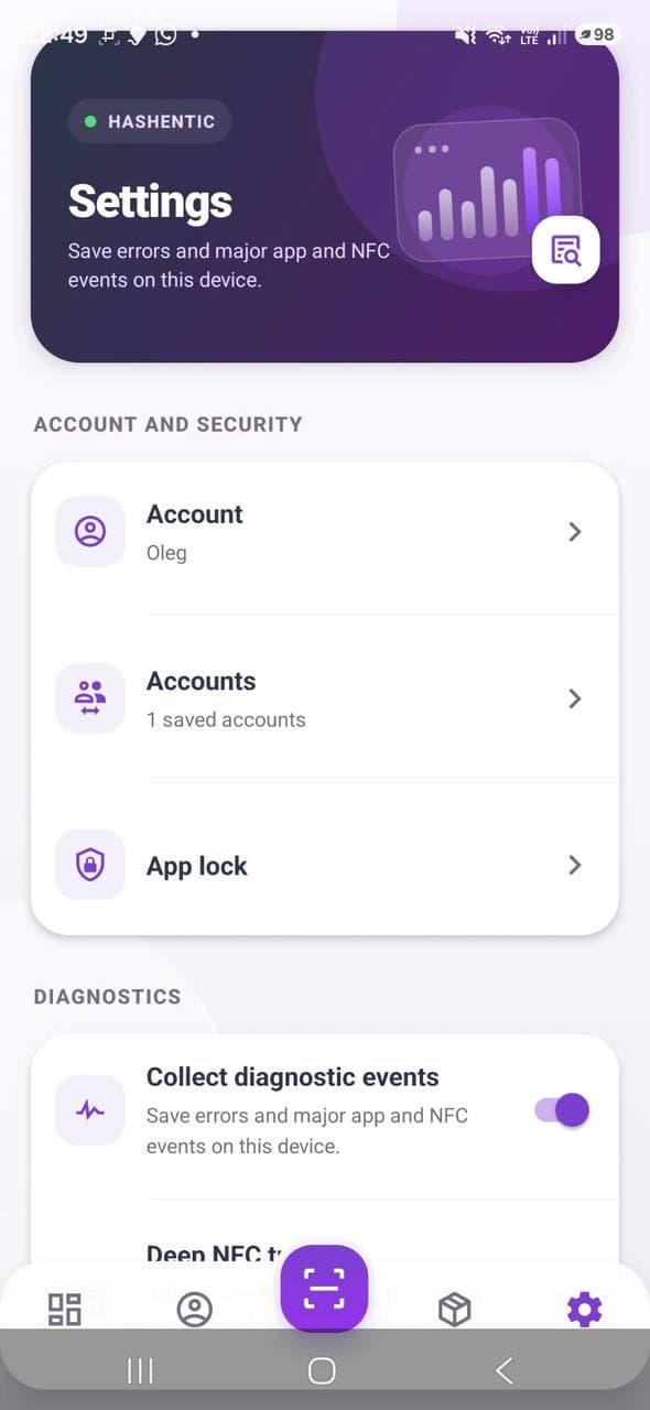Account, app lock and diagnostics settings