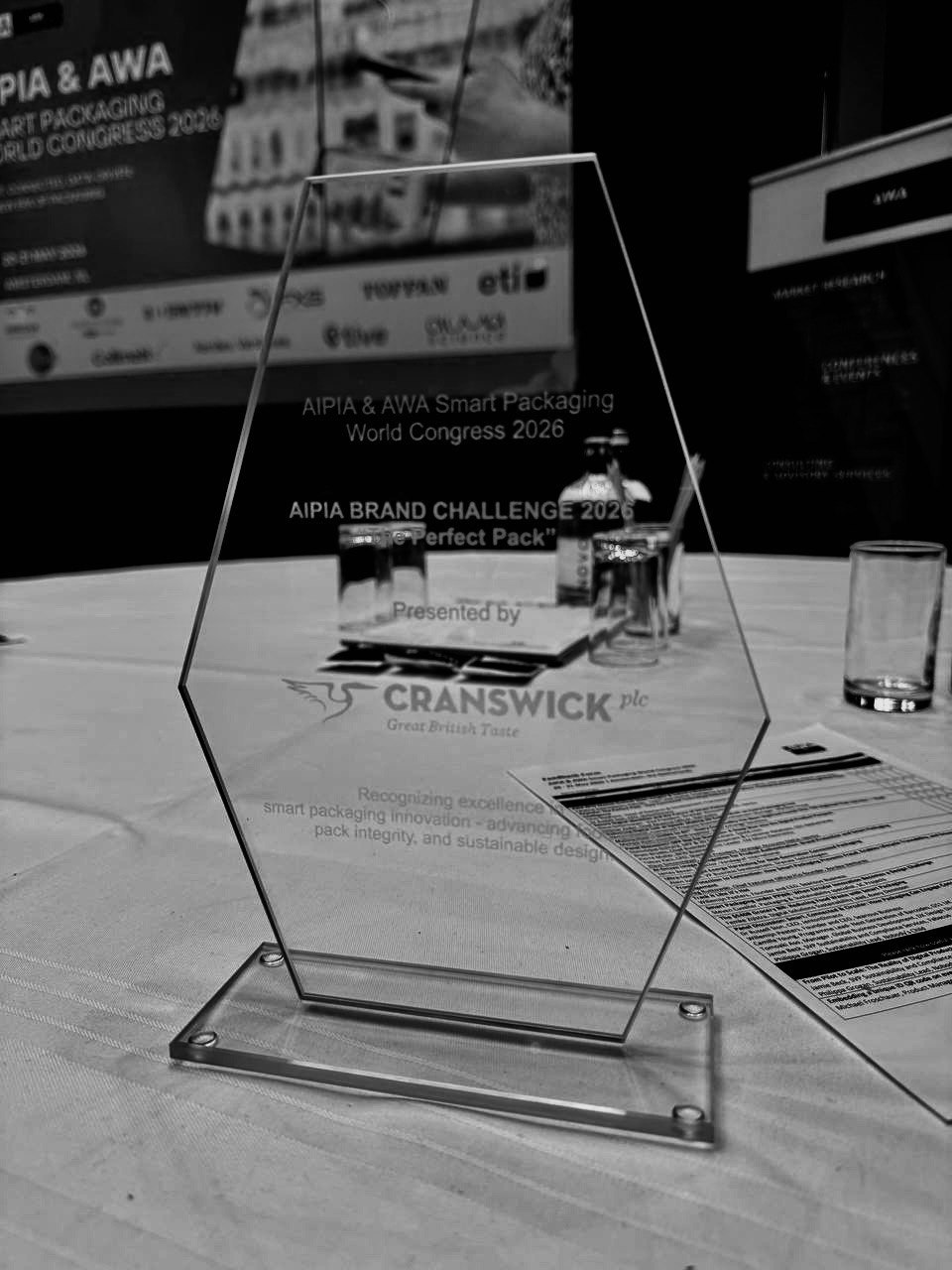 The Cranswick Brand Challenge 2026 'The Perfect Pack' award presented to Xordex Ventures at the AIPIA & AWA Smart Packaging World Congress