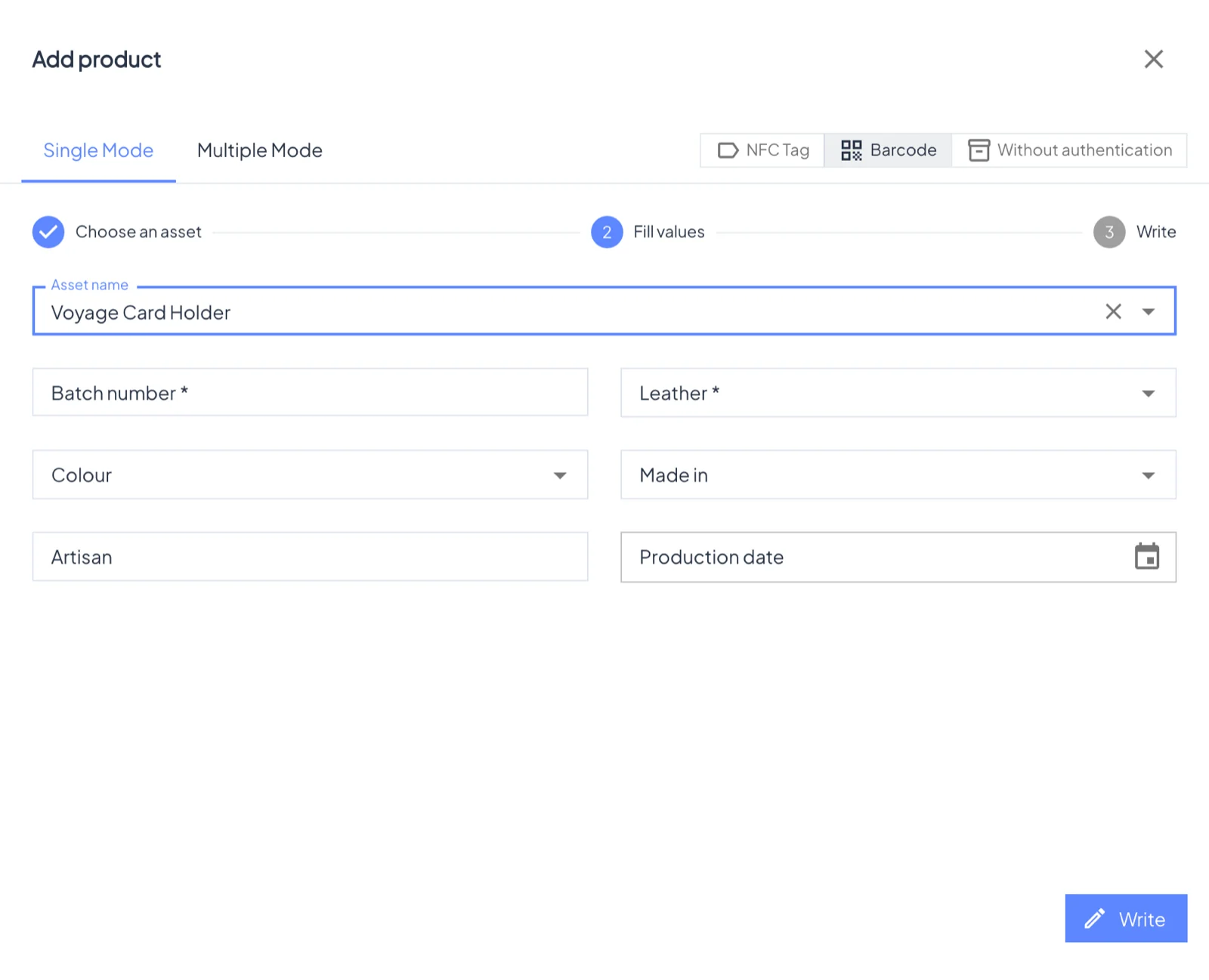 Barcode, Single mode: the asset's fields to fill in.