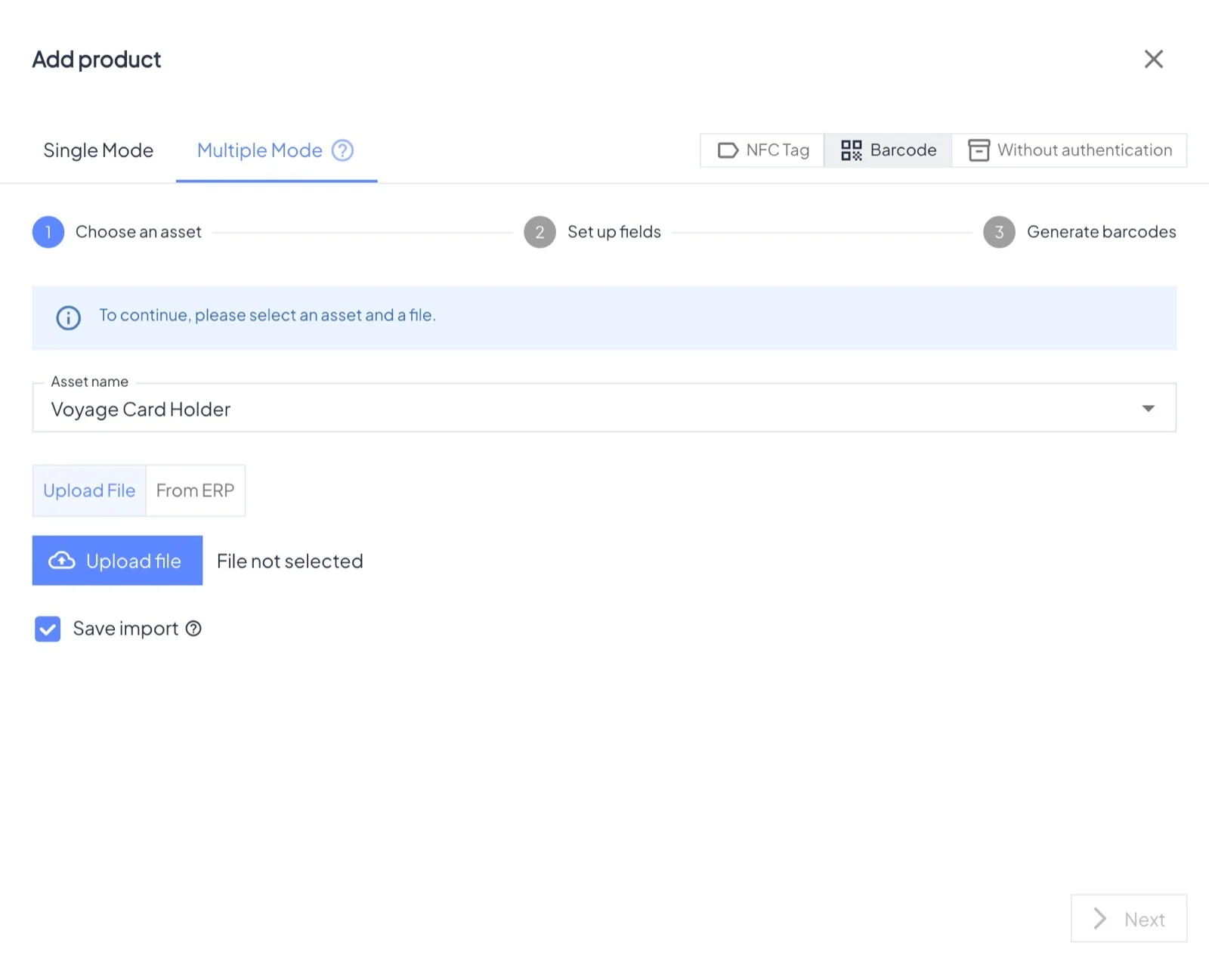 Multiple mode: create many products from a file, a count or an ERP.