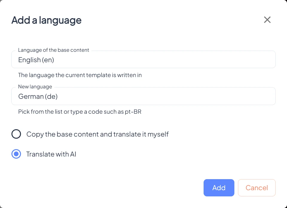 Add a language: the base language once, the new language, and copy or AI translation.