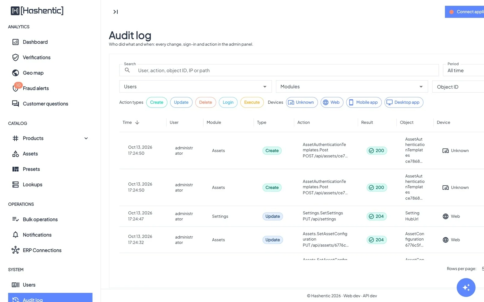 Audit log: every change, sign-in and action, from the web, the mobile app and the Desktop utility.