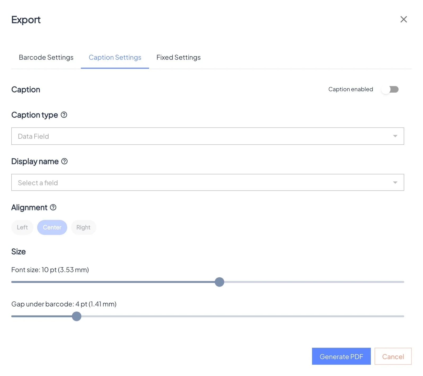 Caption settings: a field value or your own text under every code.