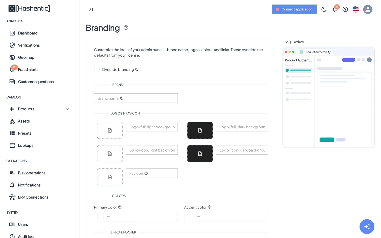 Branding with a live preview on the right.