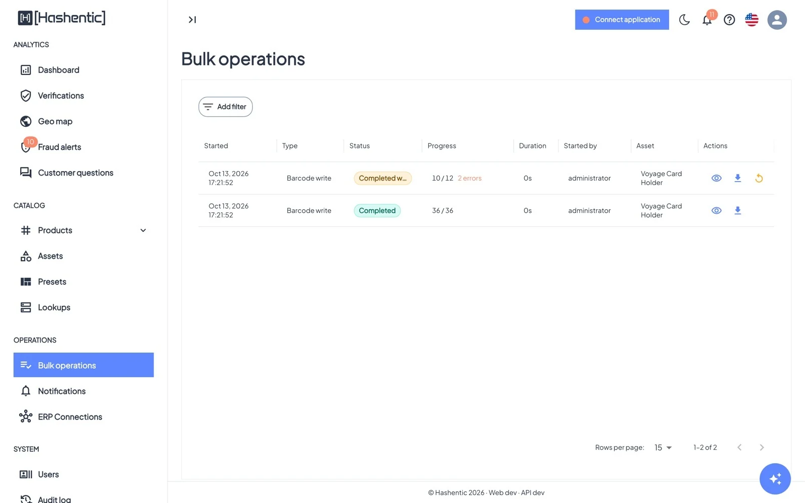 Bulk operations: barcode generation runs and bulk updates, with status, progress, duration and who started them.