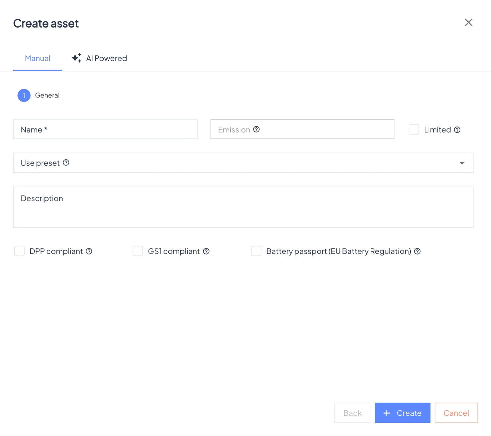 Create asset: Manual or AI Powered.