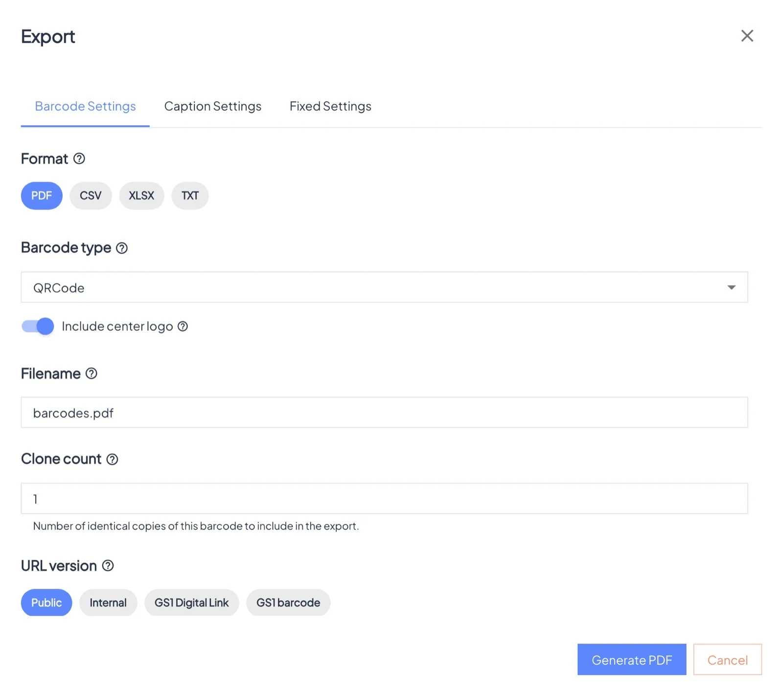 Export: format, symbology, URL version and size.
