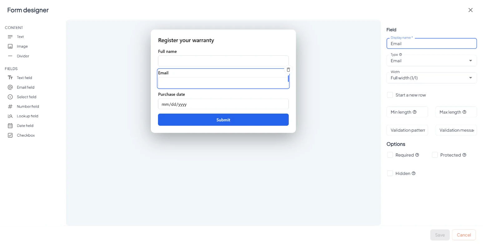 Form designer. Blocks on the left, the live form in the middle, settings on the right.