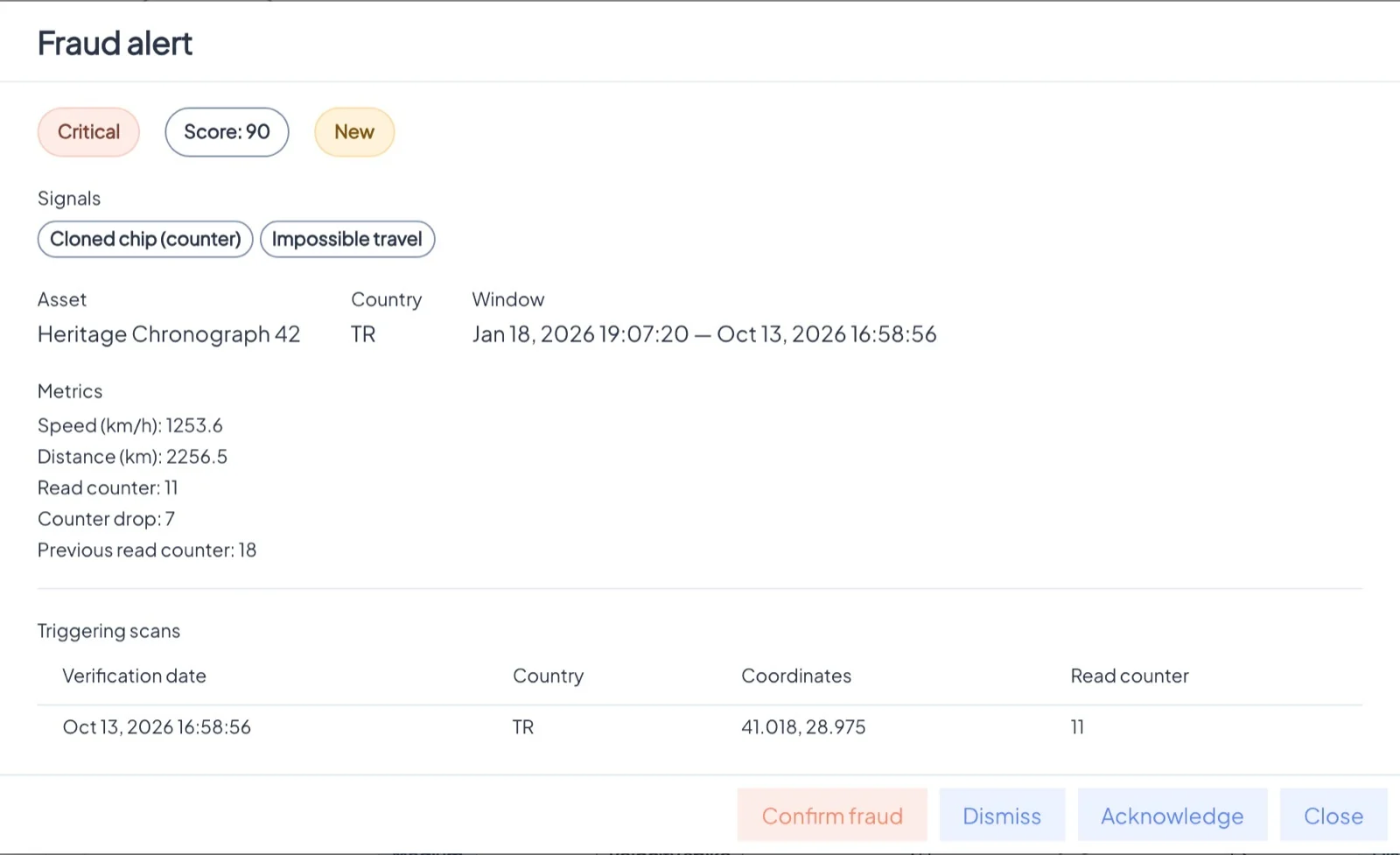 Alert details. Metrics (distance, speed, counters) and the scans that triggered it.