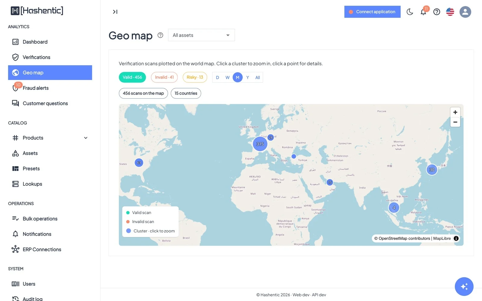 Geo map. Nearby scans merge into clusters; click a cluster to zoom in and a point to see the list of scans.