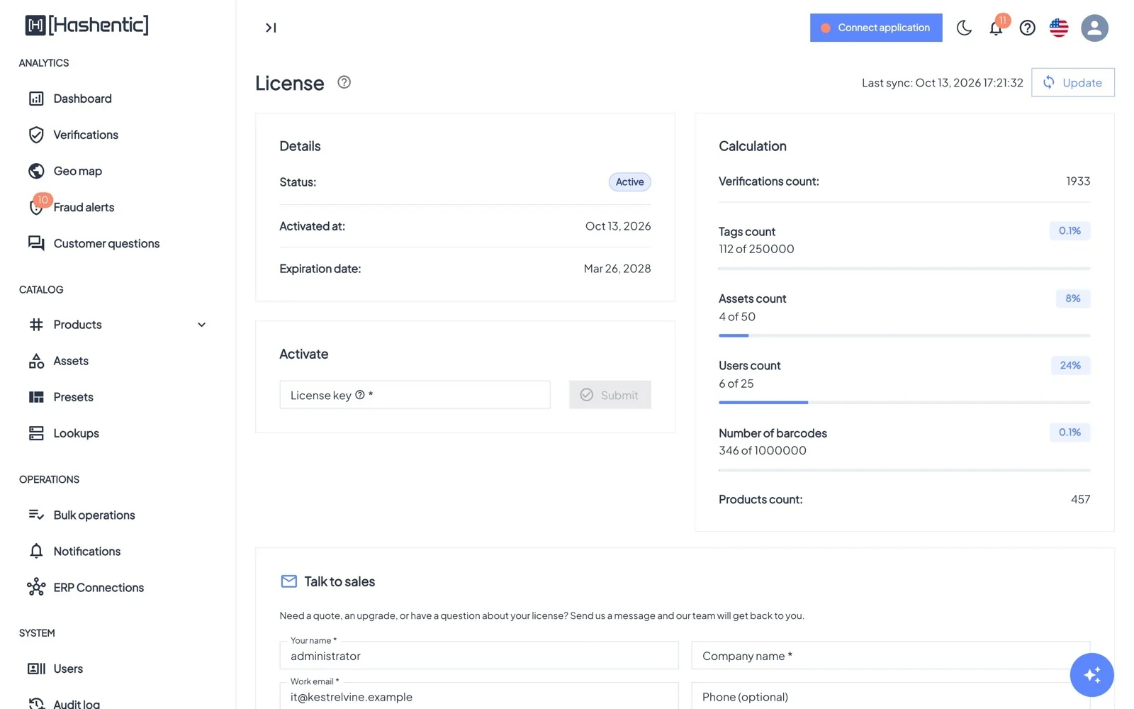 License. Status and dates, usage against your limits, activation and a contact form.