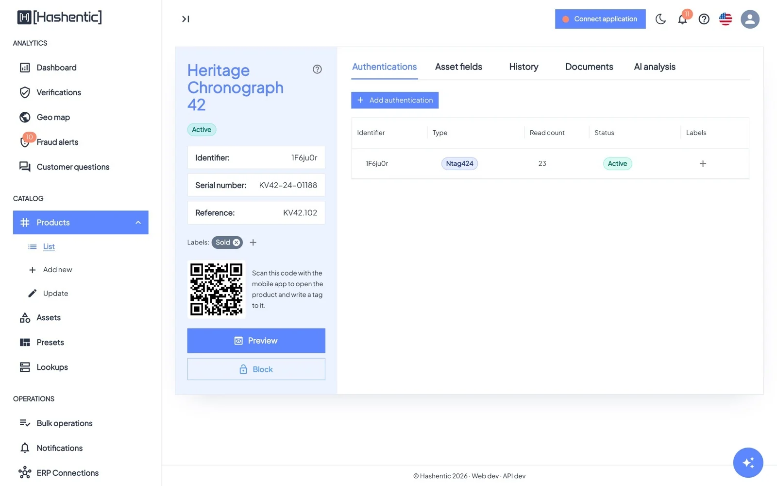 Product page. On the left: status, key values, labels and a QR code for the mobile app. On the right: tabs.
