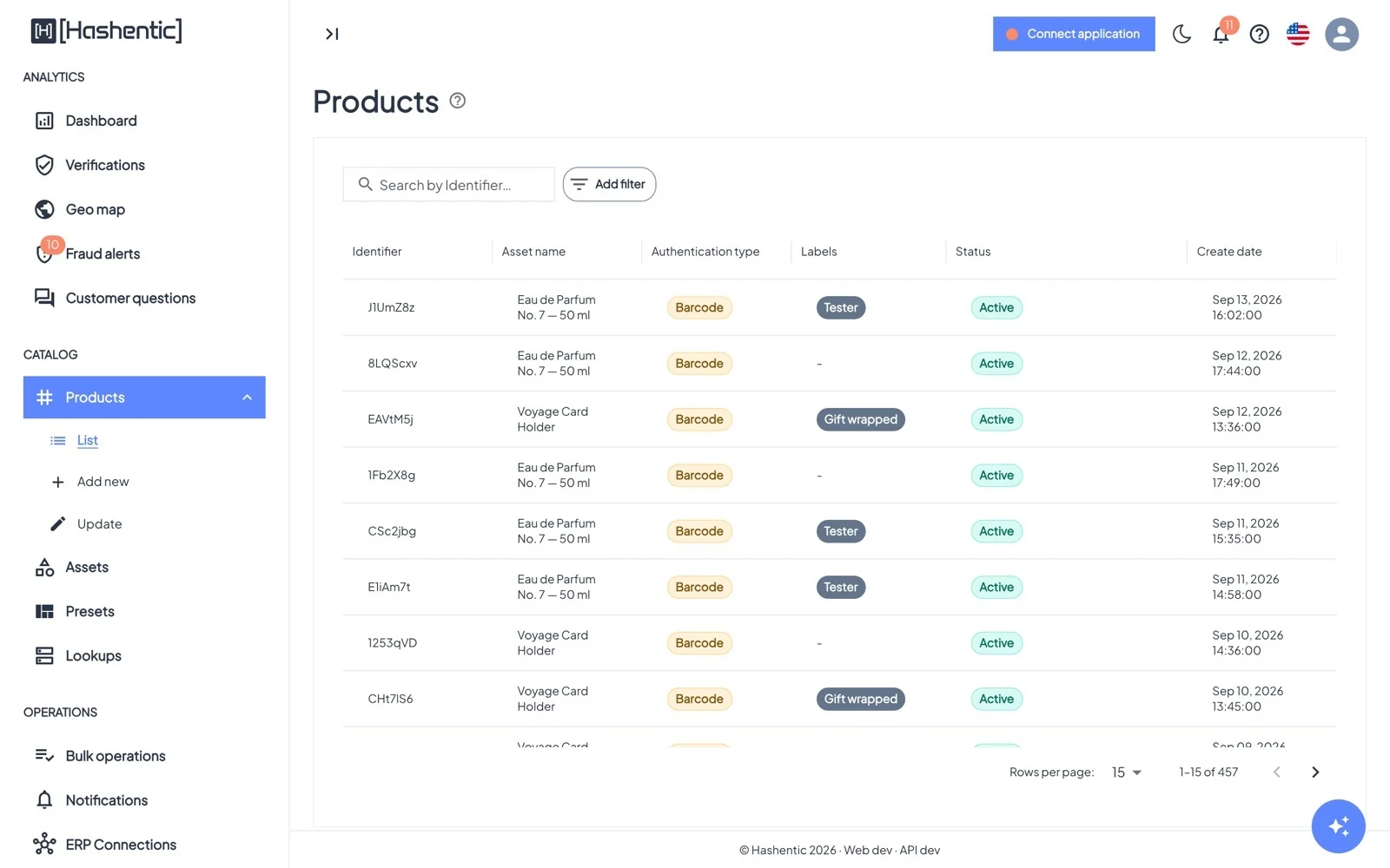 Products. Columns: Identifier, Asset name, Authentication type, Labels, Status and Create date. Fields marked Show in grid appear as extra columns on the asset's Products tab.