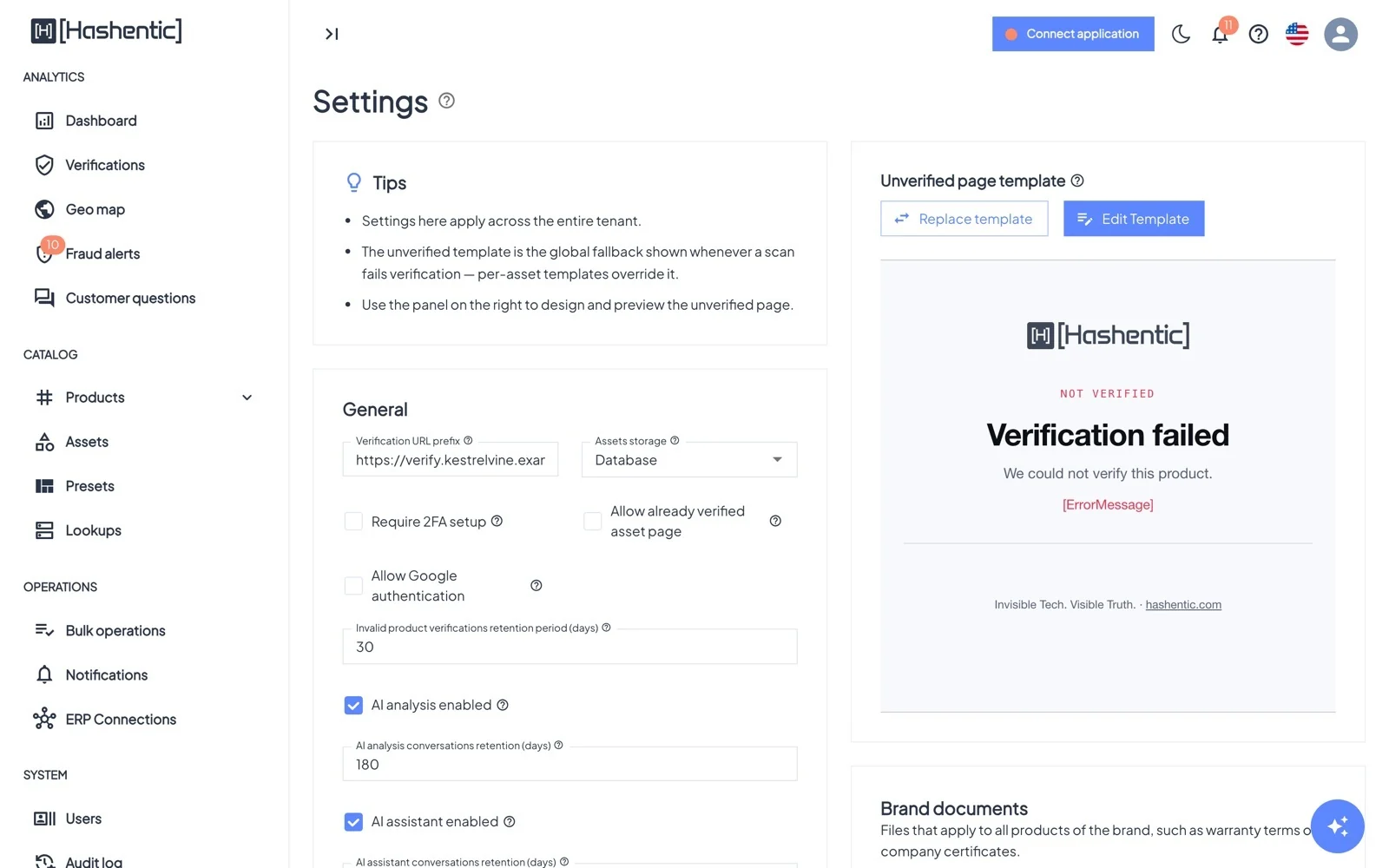 Settings. General settings on the left; the global unverified page, brand documents and the workflows URL allowlist on the right.