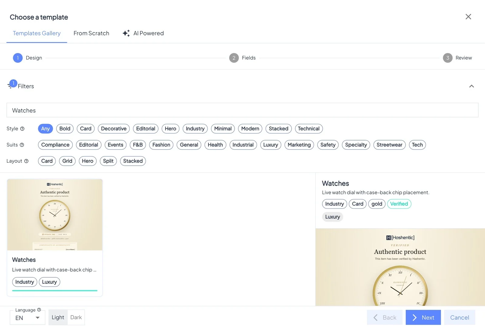 Choose a template: pick a design and preview it.