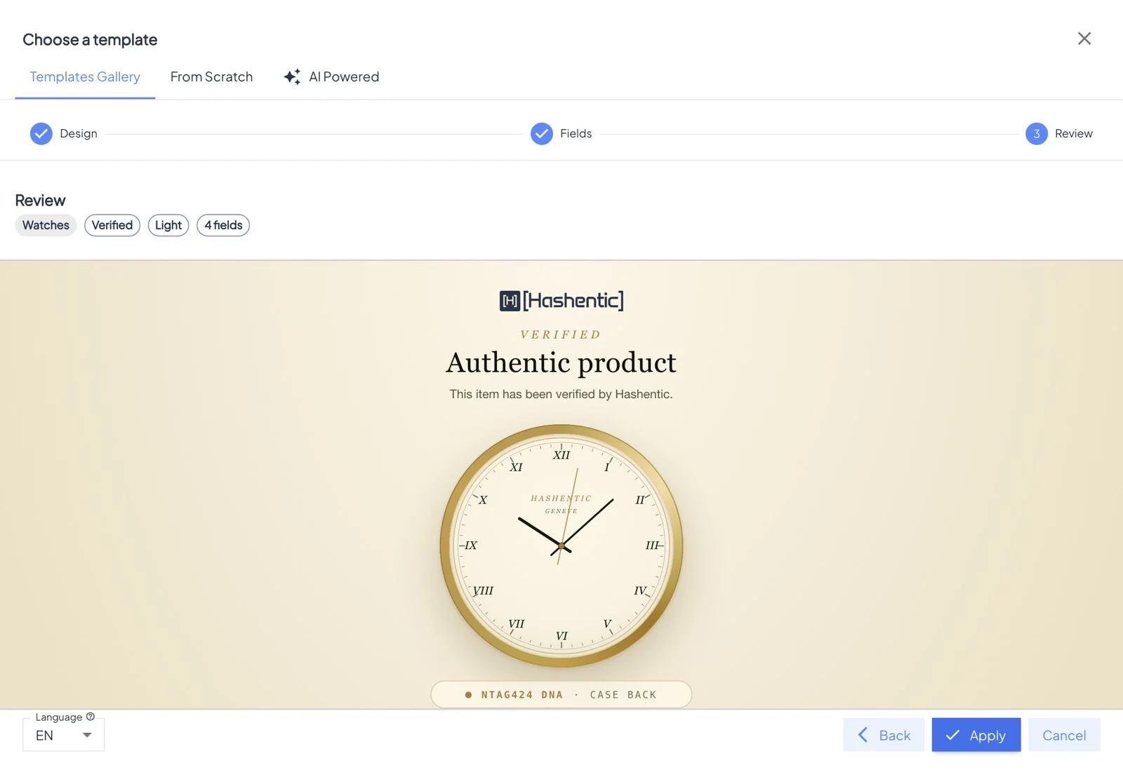 Review step: the watch page with the chosen fields.