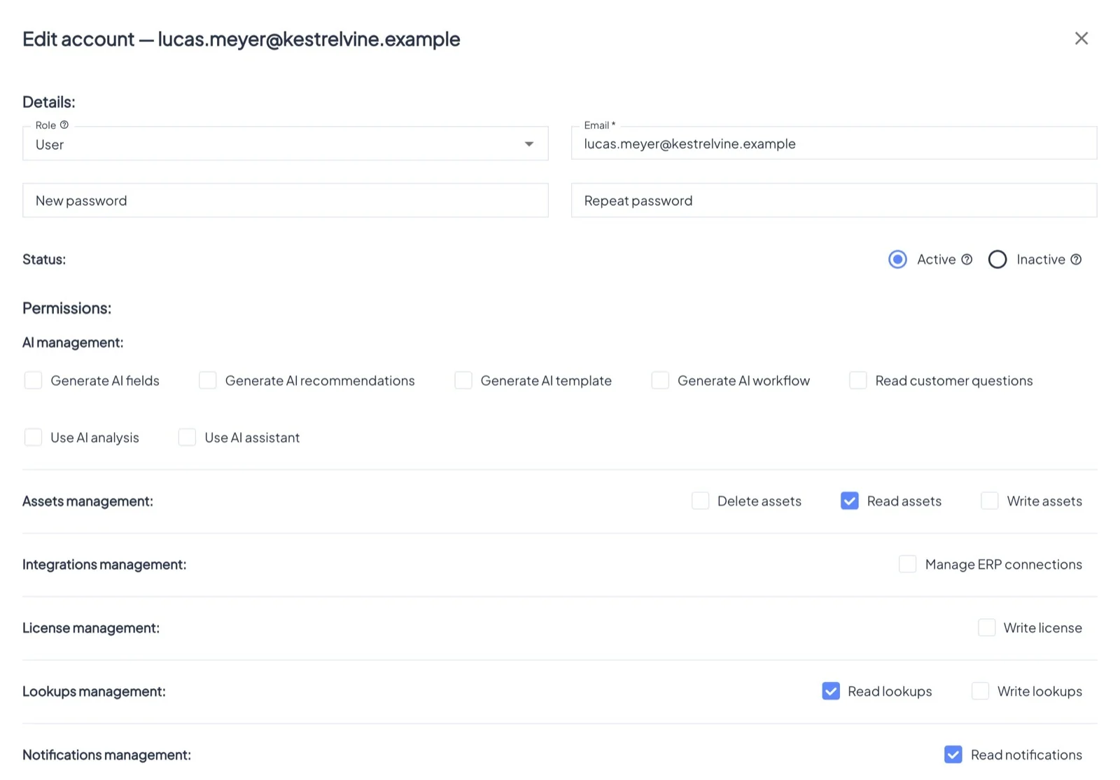 Edit account: details, status and permissions.