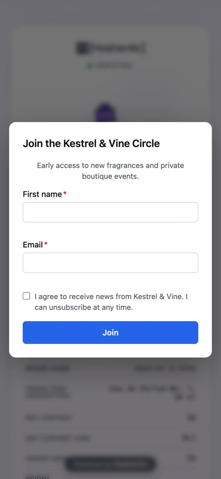 A form offered after the scan, here a newsletter sign-up with consent.