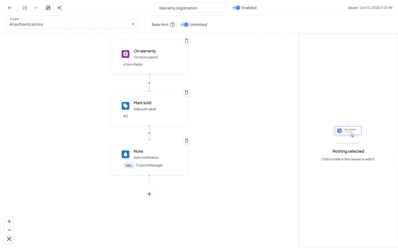 The workflow editor. The canvas shows the trigger and steps; use + on a connection to insert a step. Click a step to edit it in the panel on the right.