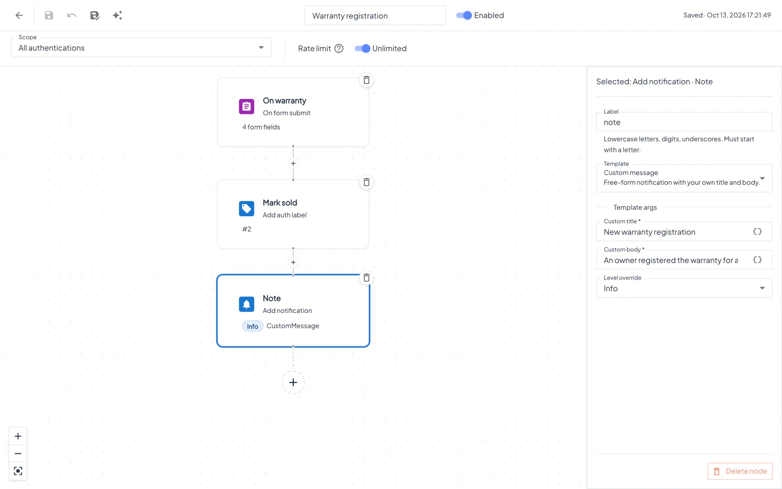 Editing a step: the properties panel on the right.